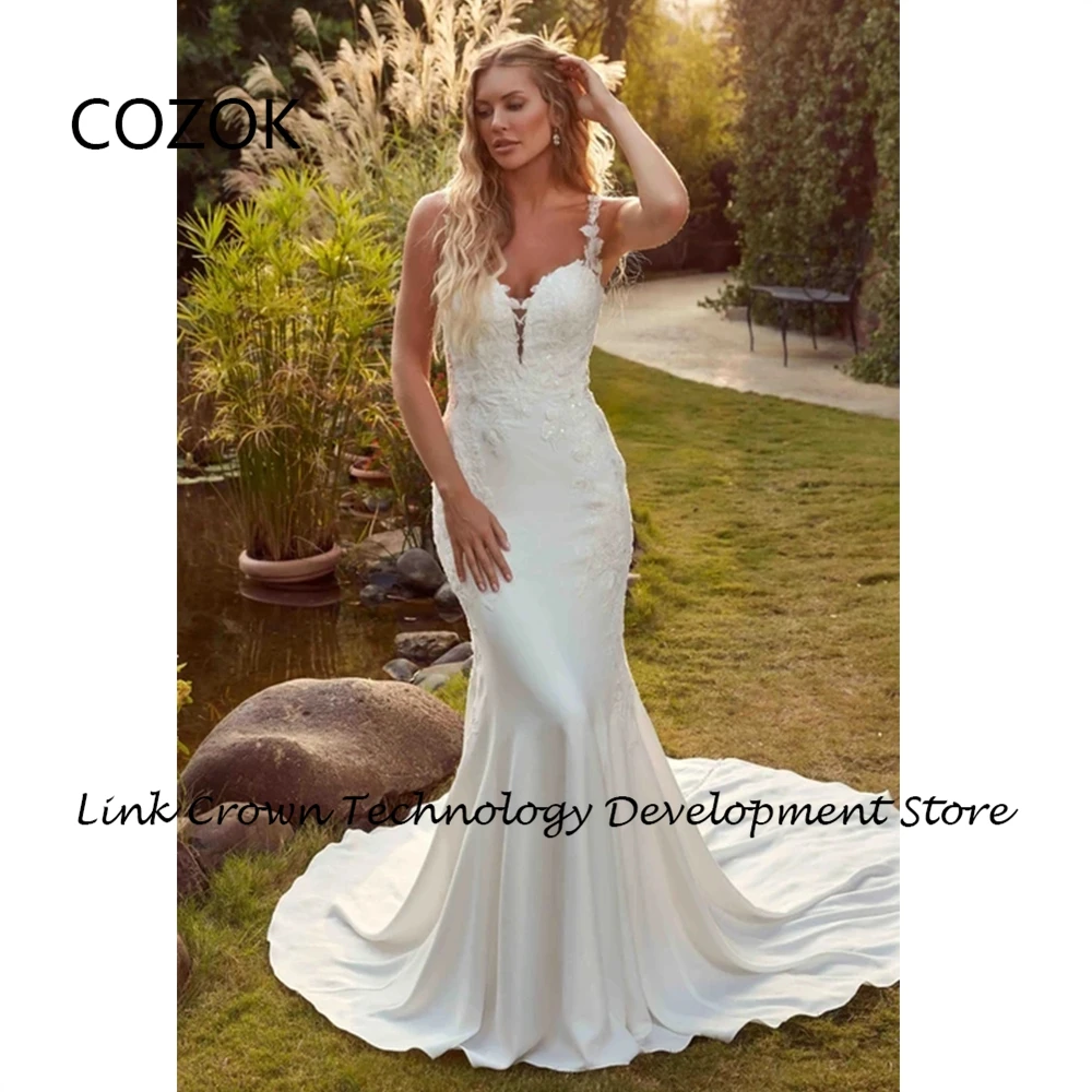 COZOK abiti da sposa con spalline sottili con abiti da sposa senza maniche a sirena in pizzo 2024 Summer Court Train Jersey Vestidos De