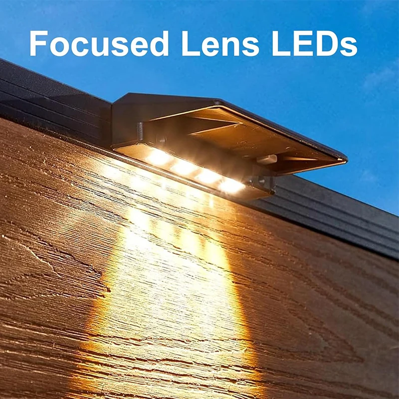

Fence Solar Lights Warm White Solar Powered Wall Lamp Outdoor Waterproof 4 Lens Focused LEDS for Deck Step Backyard Patio Light