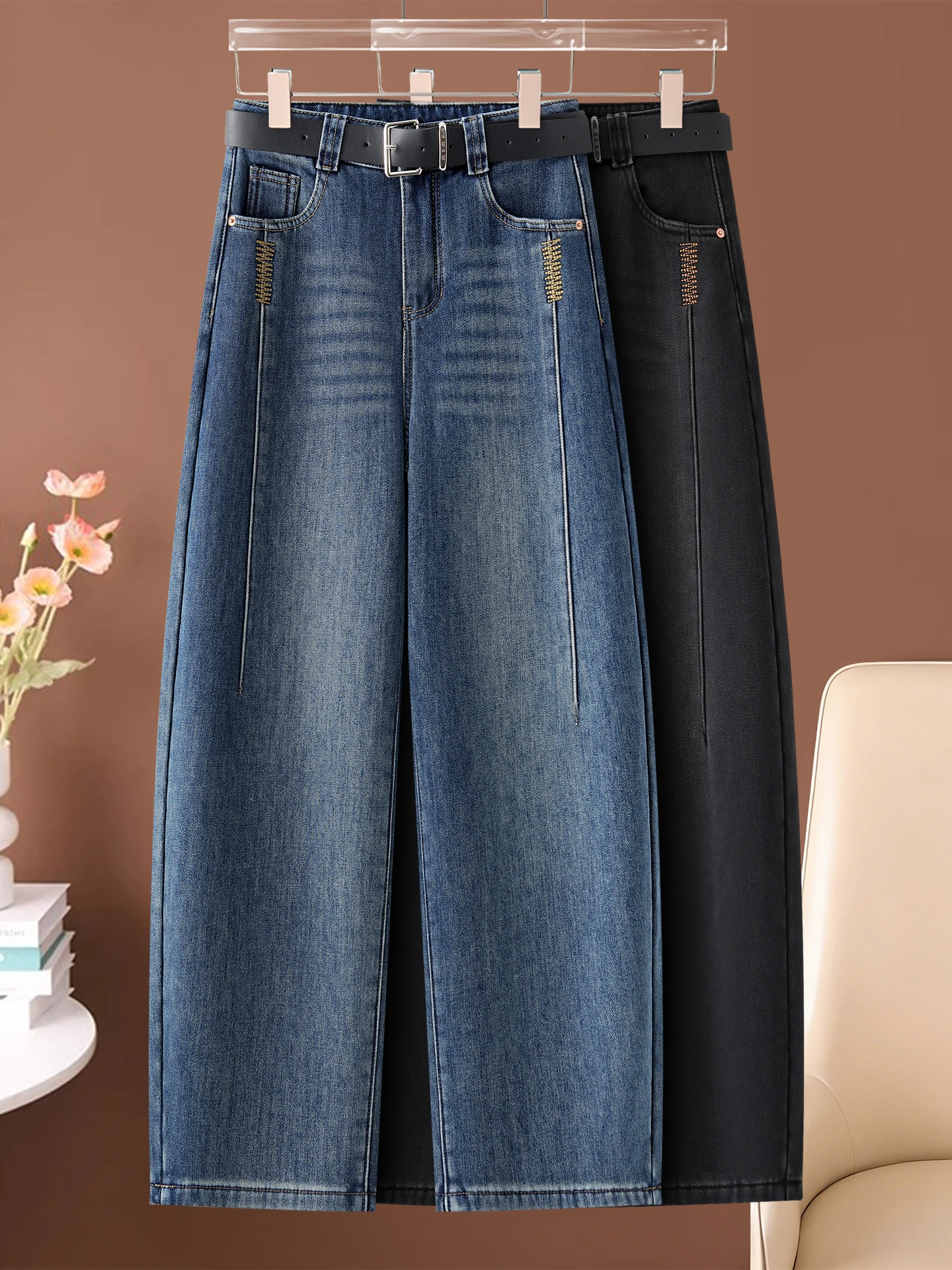 

Женские джинсы с высокой талией и широкими штанинами, весна-осень-зима, новая модная популярная модель, утягивающие, укороченные, на флисе, фасон «бананы»