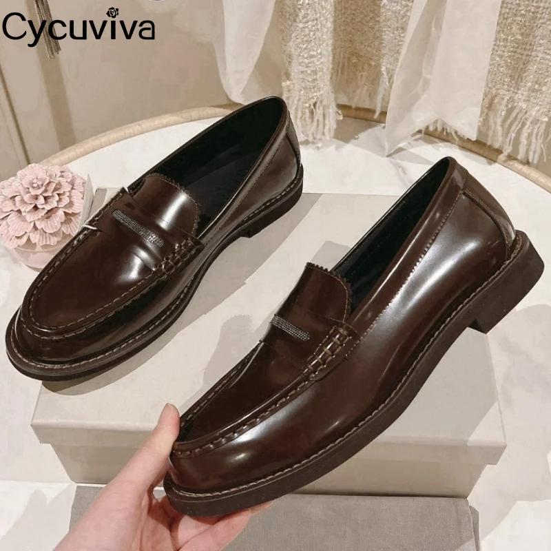 Genuine Leather Flat Loafers Shoes For Women Round Toe Crystal Business Shoes Autumn Casual Party Formal Dress Shoes For Women