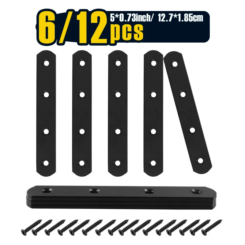 6/ 12 قطعة، دعامة مستقيمة 5 بوصة، دعامة إصلاح مسطحة من الفولاذ المقاوم للصدأ، لوحة موصل سوداء مع براغي تثبيت، 127 × 18.5 مم #1
