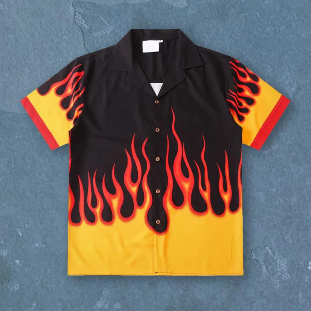 Summer Tops Young Style Men Shirt Short Sleeves Single-breasted  Trendy Fire Pattern Color Matching Men Tops