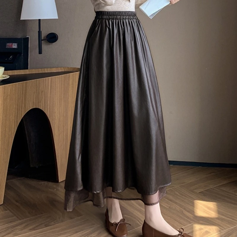 

Seoulish Autumn Winter PU Leather Mesh Patchwork Vintage Women's Umbrella Long Skirts 2025 New High Waist Loose Straight Skirts