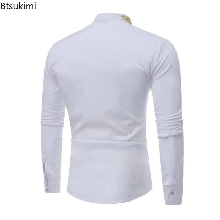 Spring Autumn New Men's Solid Simple Casual Shirts Fashion Embroidery Stand Collar Single Breasted Business Party Dress Shirts