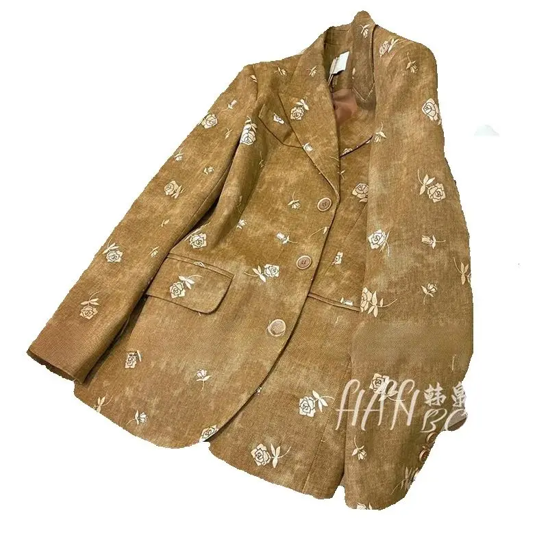 

Весенне-осенний женский пиджак с принтом роз, новинка 2025, модное свободное повседневное пальто, винтажная верхняя одежда цвета хаки, женская