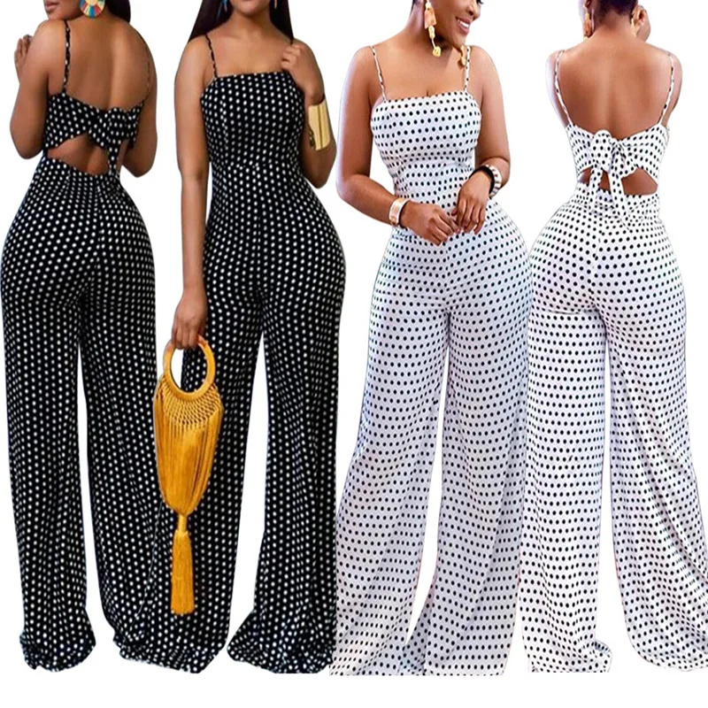 Vrouwen Jumpsuits Overall Hoge Taille Dot Wijde Pijpen Broek High Street Casual Platte Sexy Rugloze Wikkel Borst 2023 Herfst