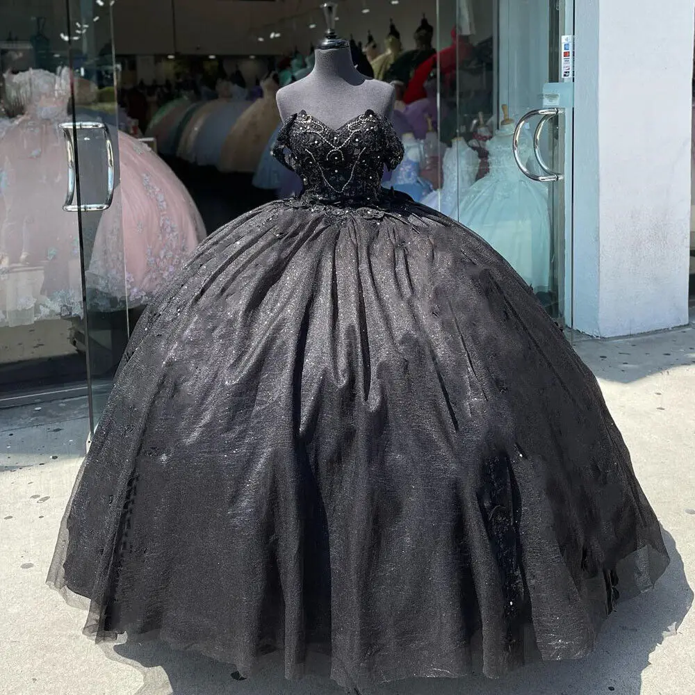 ANGELSBRIDEP-elegante vestido de quinceañera con lentejuelas negras, vestidos góticos de tul con hombros descubiertos, dulce 15 16, vestidos de fiesta, corsé