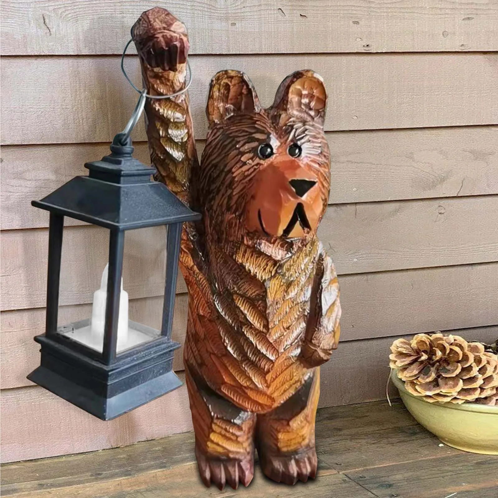 New Cedar Carved Bear With Ornaments Lantern Resin Lantern Bear Sculpture Decoration For Home Garden Decoration Lamp Decoration