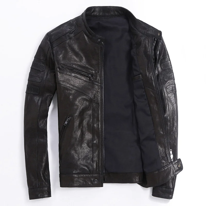 Leather Vintage Goatskin Genuine Motorcycle Jacket Men Black Slim Short Real Leather Coat High Quality Male Riding Biker Clothes