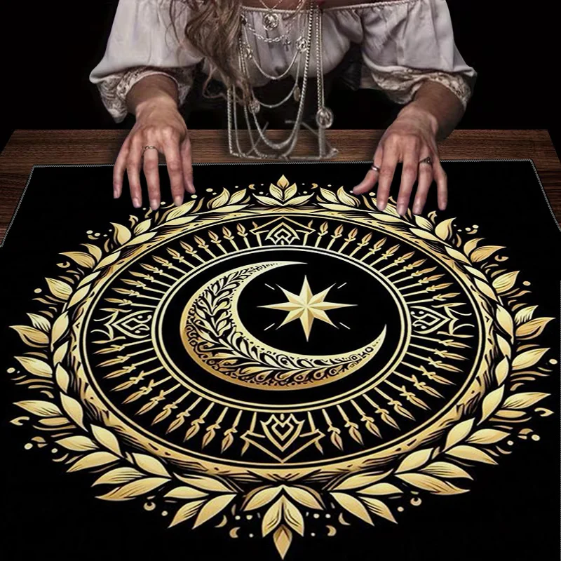 Elegant Golden Celestial Moon Star Mandala Table Runner Cloth for Boho Chic Home Decor Luxury Accent