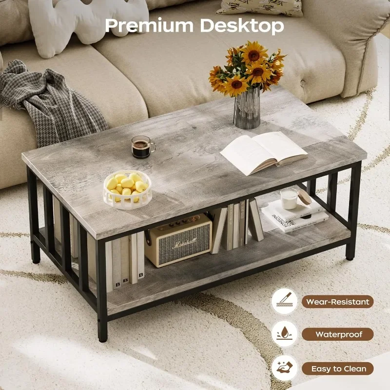 Coffee Table for Living Room with Slatted Sides Frame, Modern Farmhouse Living Room Table with  Storage Shelf