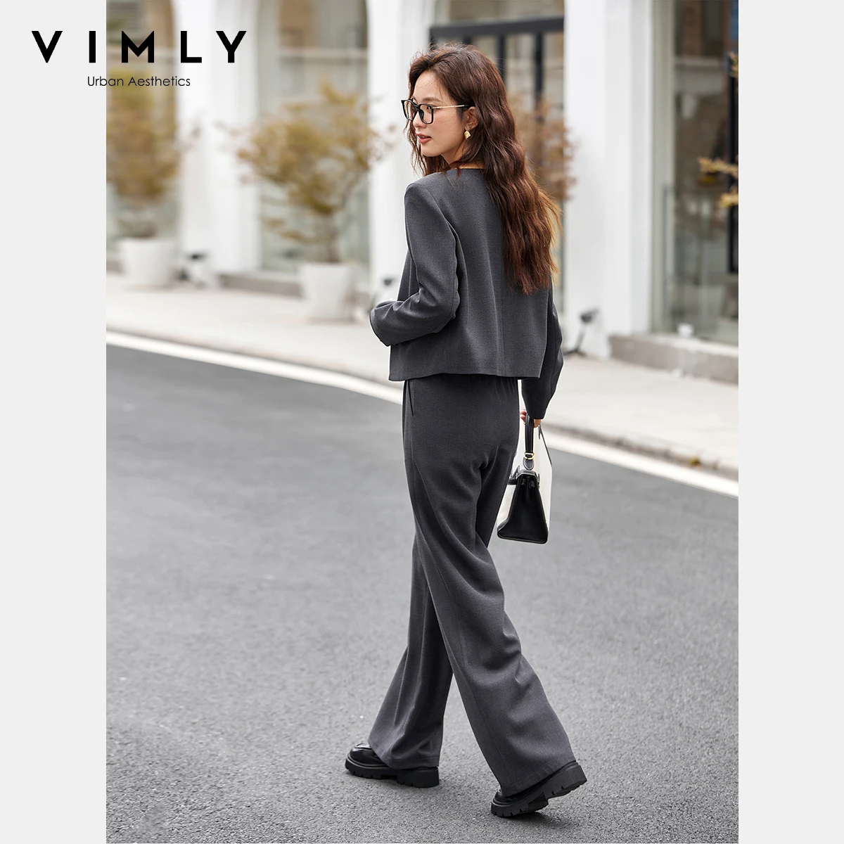 Komplety spodni VIMLY damskie 2-częściowe, eleganckie, jednolite, z okrągłym dekoltem, zapinane na guziki, modne, z szerokimi nogawkami, długie spodnie damskie, zestawy spodni A2169