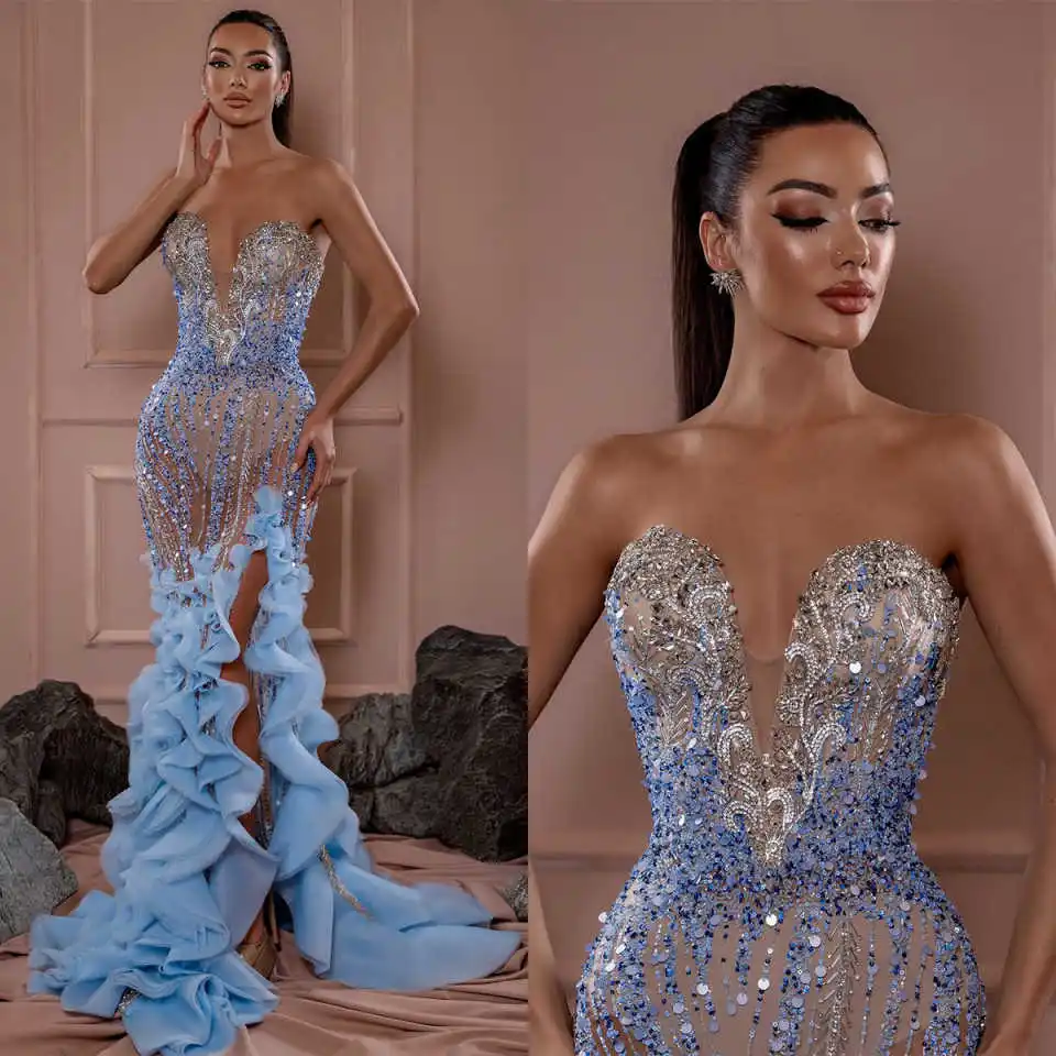 

Luxurious Mermaid Evening Dresses Sweetheart Neck Side Split Prom Gowns Sequins Crystal Beading Celebrity Party Custom Made