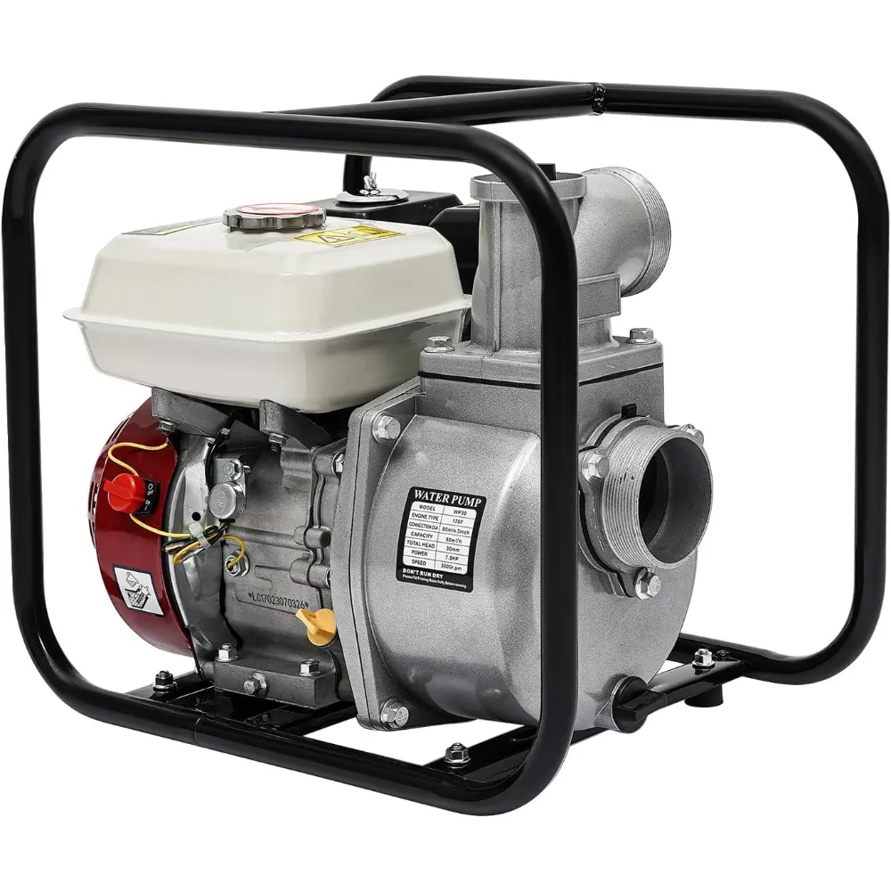 3 Inch Gas-Powered Transfer Pump, 7.5 HP Gasoline Semi-Trash Water Pump with Single Cylinder Air Cooling System