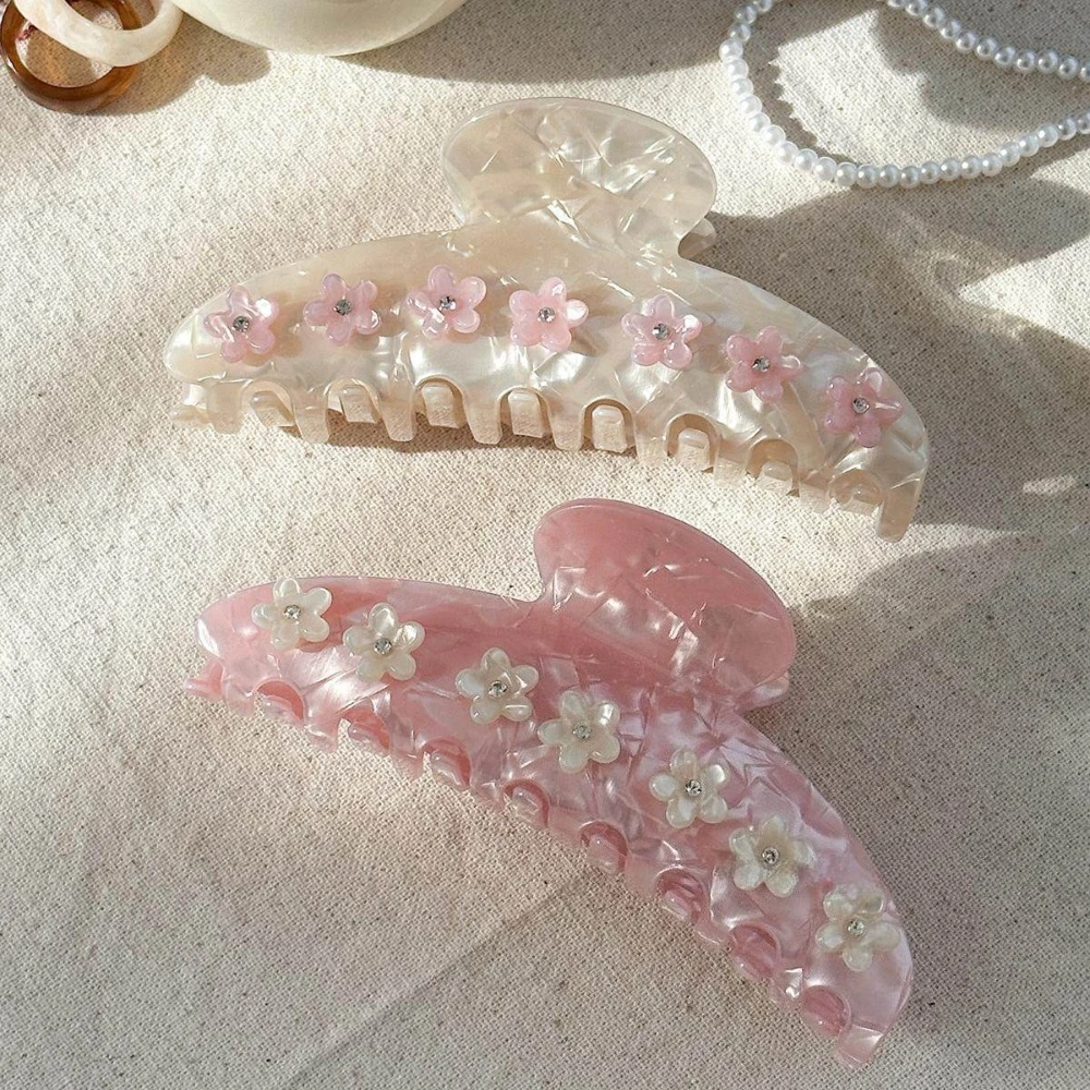 

Fairy Pink Blossom Hair Claw Clips for Women French Style Tiara Romantic Large Acetate Zircon Flower Hair Clips Hair Accessories
