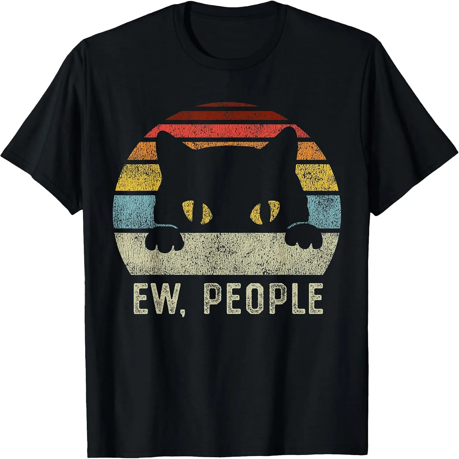 Ew People Retro Vintage Sunset Peeking Cat Silhouette Funny Introvert T-Shirt