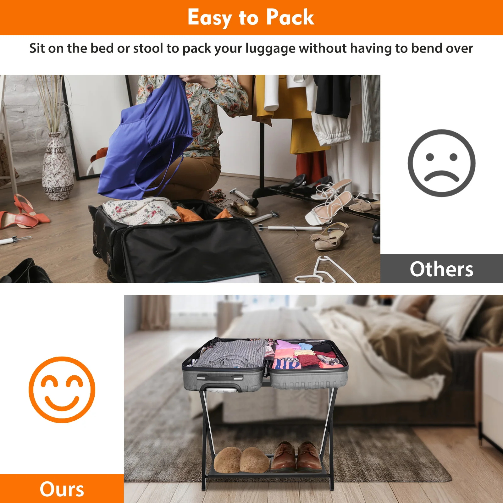 2 Layers Foldable Luggage Rack Storage Shelf 69*67*5.5cm For Home Hotel Restaurant Or Vacation Rentals Storage Assistant