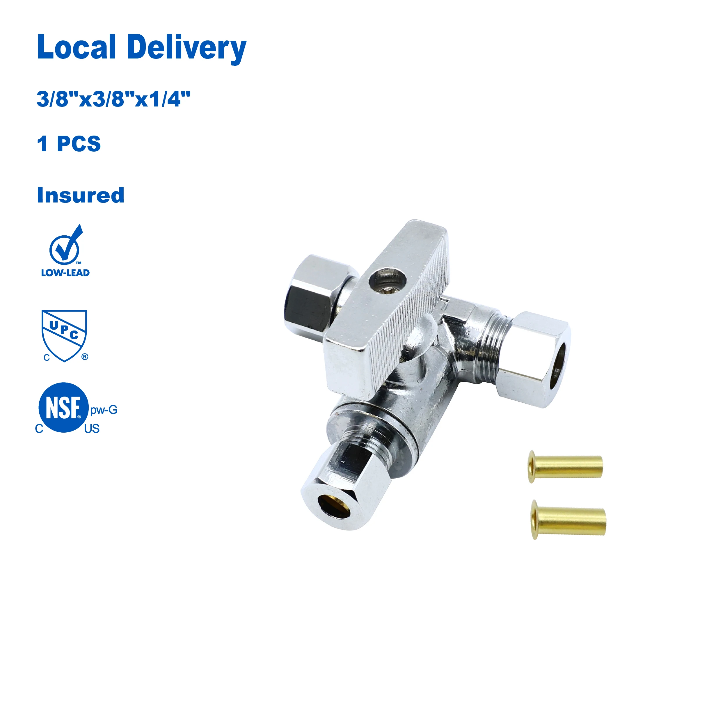 

KING SMART Brass Angle Stop Add-A-Tee Valve, 3/8" * 3/8" * 1/4" Comp. OD. 1/4 Turn; 1Pcs/Case; Lead Free Brass; 81310