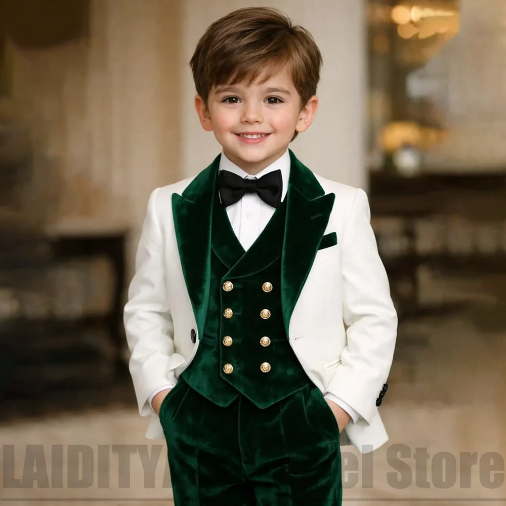 Chic Velvet Peak Lapel Boys Suit Three Piece Single Gold Button Kids Luxury Wedding Page Boy Evening Prom Formal Outfit