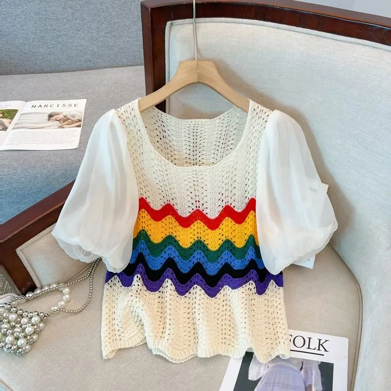 

Summer New Fashion Design Stitching Chiffon Bubble Sleeve Rainbow Stripe Hollow Knit