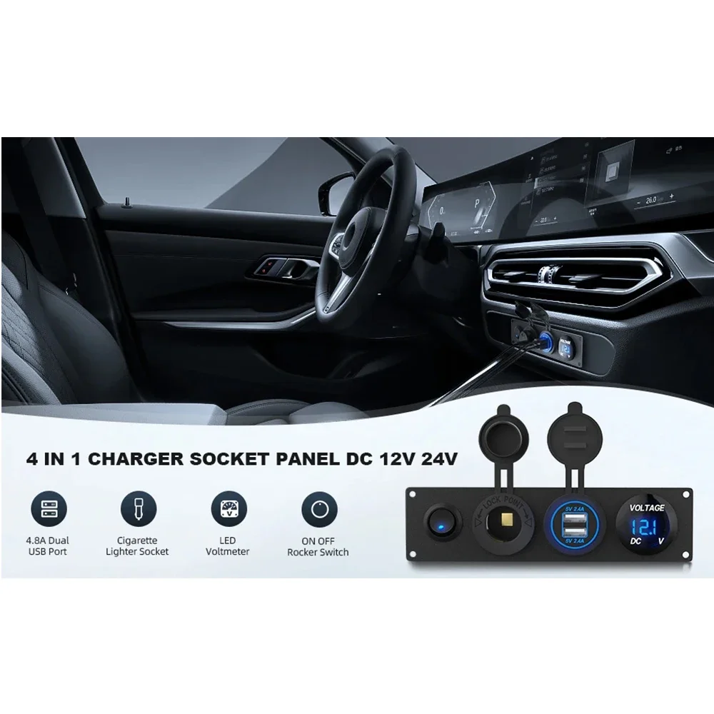 4 in 1 ON/OFF Charger Socket Panel Dual USB Socket Power Outlet & LED Voltmeter &Cigarette Lighter Socket& LED Switch