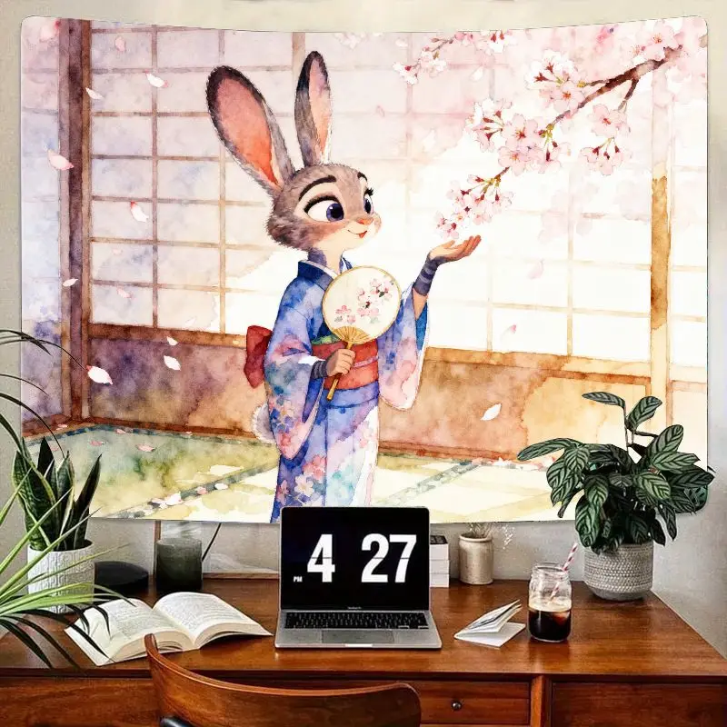 

1 шт., гобелен с кимоно «Джуди Хопс», «Зверополис», Сакура, вишневый цвет, акварель, эстетический полиэстер, настенное искусство, домашний декор, подарок.