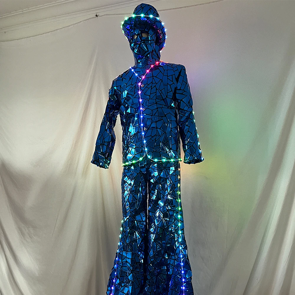 

Синий костюм на ходулях с блестками, мужской костюм со светодиодной подсветкой для вечеринок, фестивалей, мероприятий, сценического выступления, маска, шляпа