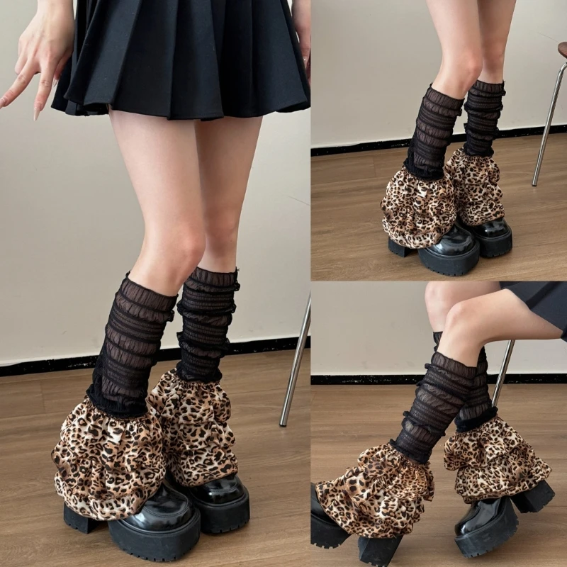 

Japanese Women See Through Mesh Ruched Leg Warmer Sleeve Vintage Leopard Print Tiered Ruffled Flared Leg Cover Long Sock