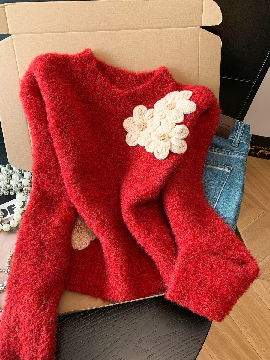 

Thiened вязаный свитер, женская зимняя многослойная одежда с цветочным декором, свободный крой, мягкий длинный свек, круглый Ne ort Sle