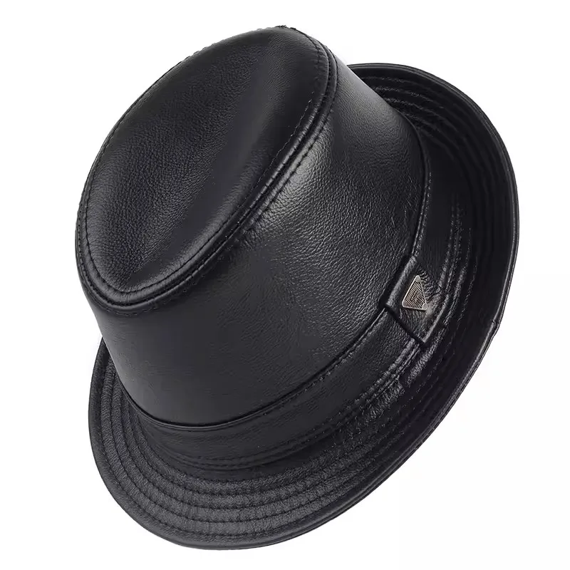 New 2024 Man High Quality Genuine Leather Jazz Fedora Gentleman CowSkin Short Brim Black/Brown Fitted Top Hat Male Shows