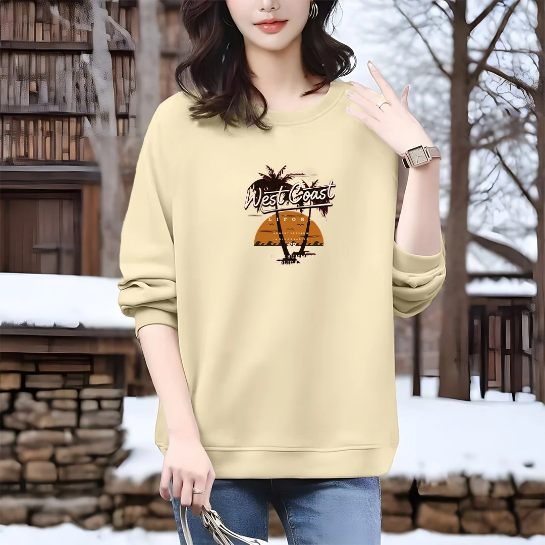 

Autumn Pure Cotton Vintage Printed Sweatshirts Office Lady Daily Casual Commute Loose Hoodies Women O-neck Chic Pullover Tops