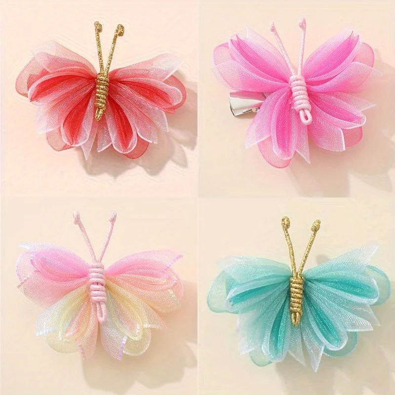 

Rainbow Butterfly Hair Clips Set 4Pcs Iridescent Tulle Bow Design Sweet Daily Hair Accessories for Women Girls