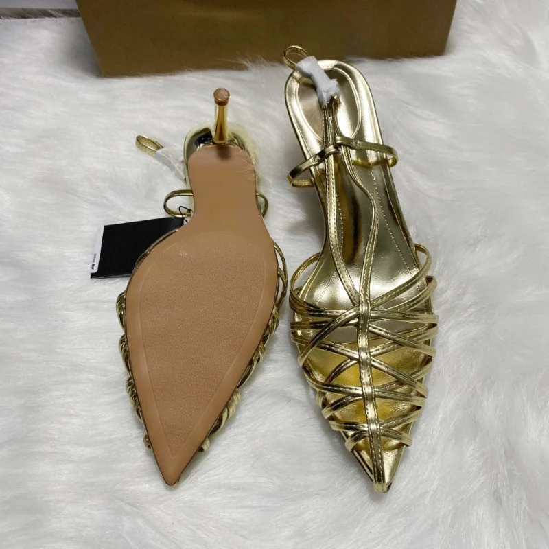 Summer Hollow Out High Heels Sandals for Women Luxury Gold Narrow Strap Sexy Pointed Toe Back Strap Brand Party Wedding Shoes