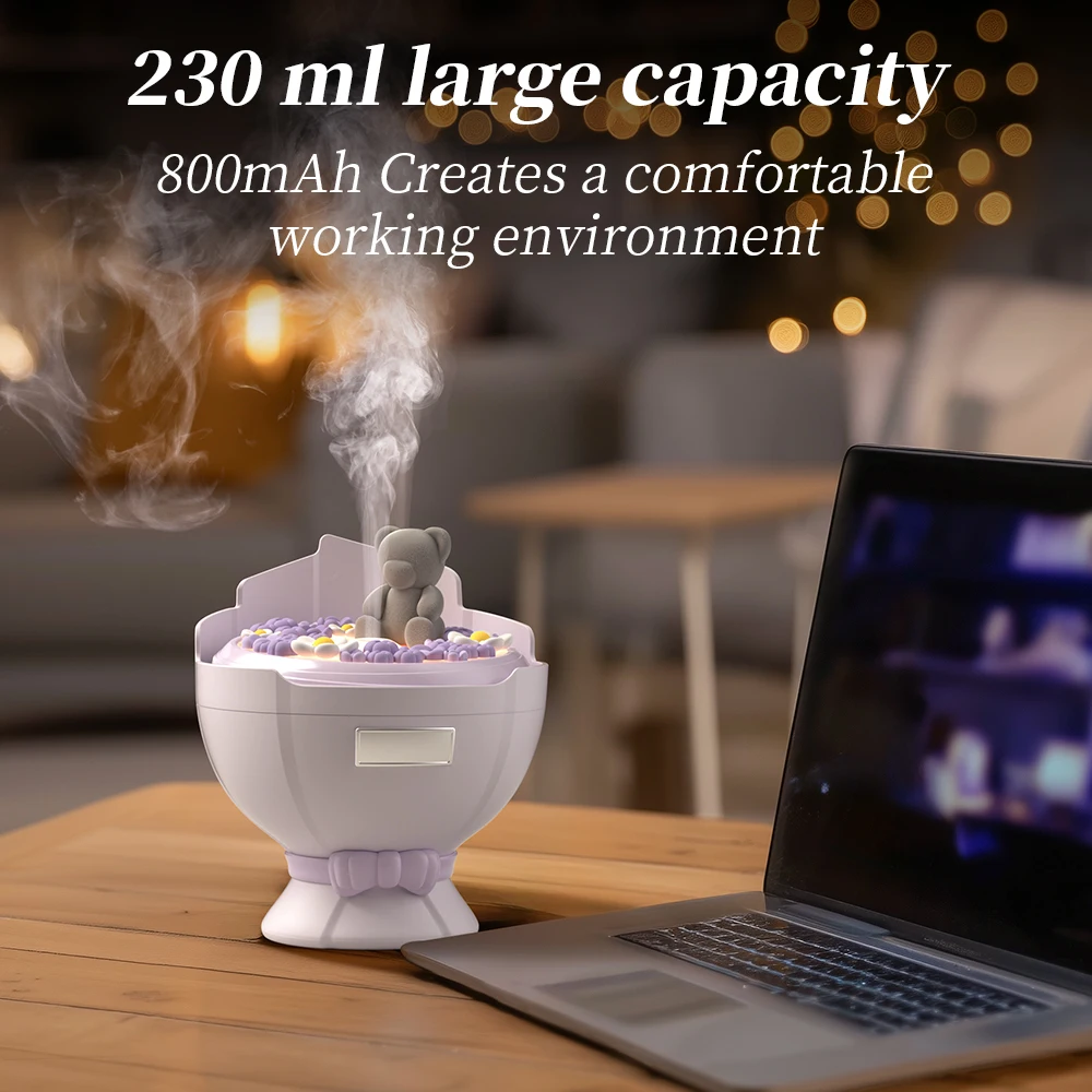 Flower Bouquet Humidifier, Portable Personal Compact Humidifier, 230ml, Cute Flower Bear, Silent Cool Mist Colourful Lights, Top