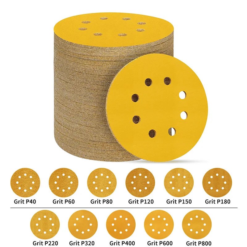 105/50/10pcs 125mm Yellow Sanding Paper 5 Inch 8Holes, Discs Grinder Car Woodworking Metal Grinding Disc Abrasive Polishing Tool