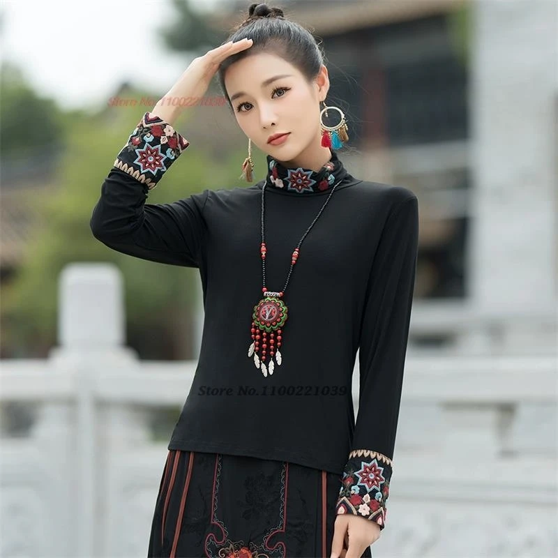 

2025 chinese traditional t-shirt national flower embroidery stand collar base shirt vintage hanfu tops oriental retro folk shirt