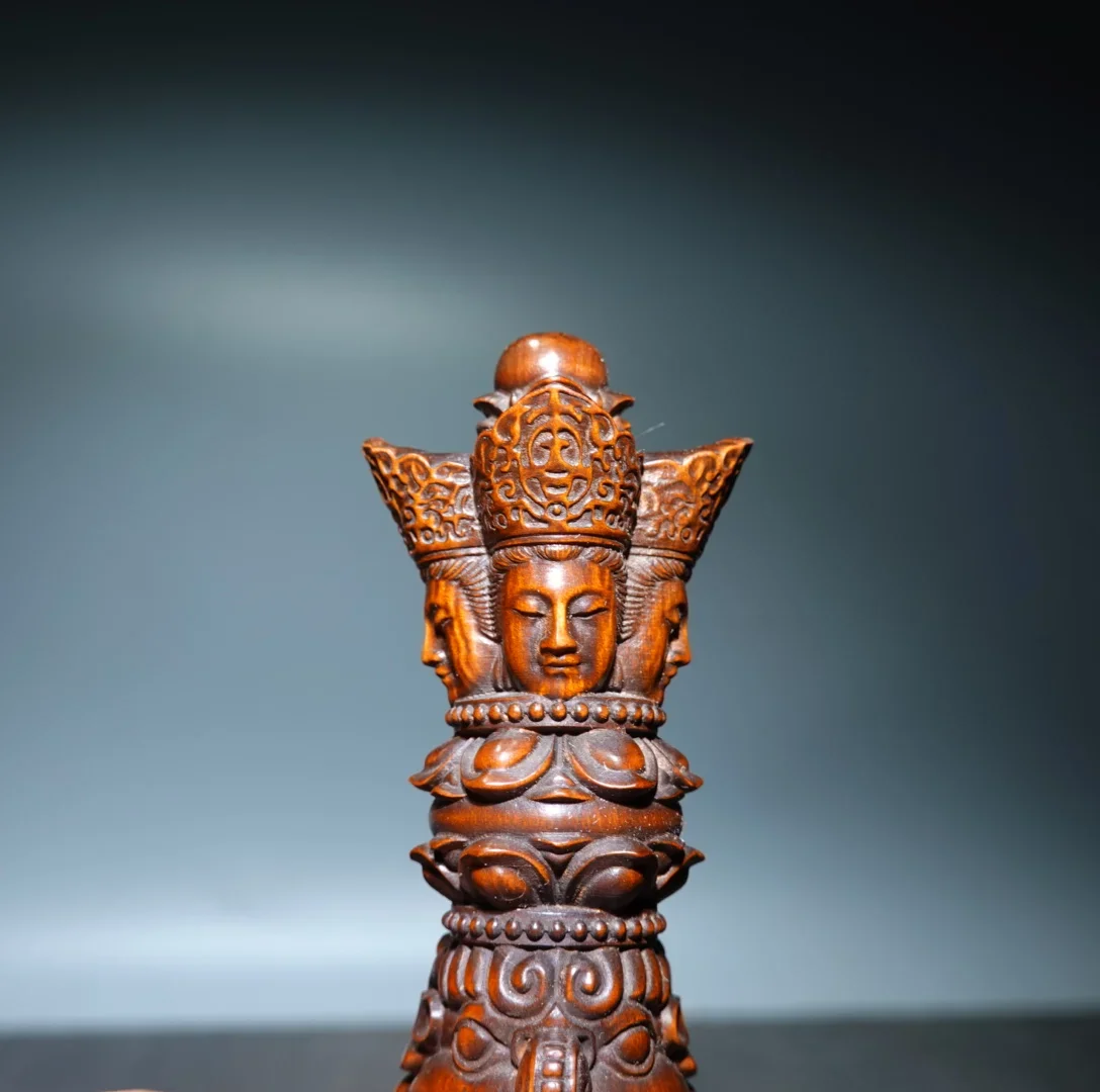 

4"Xizang Folk Collection Old Boxwood Four sided Buddha Head Dorje Vajra Phurpa Pendant Amulet Dharam Town house Exorcism