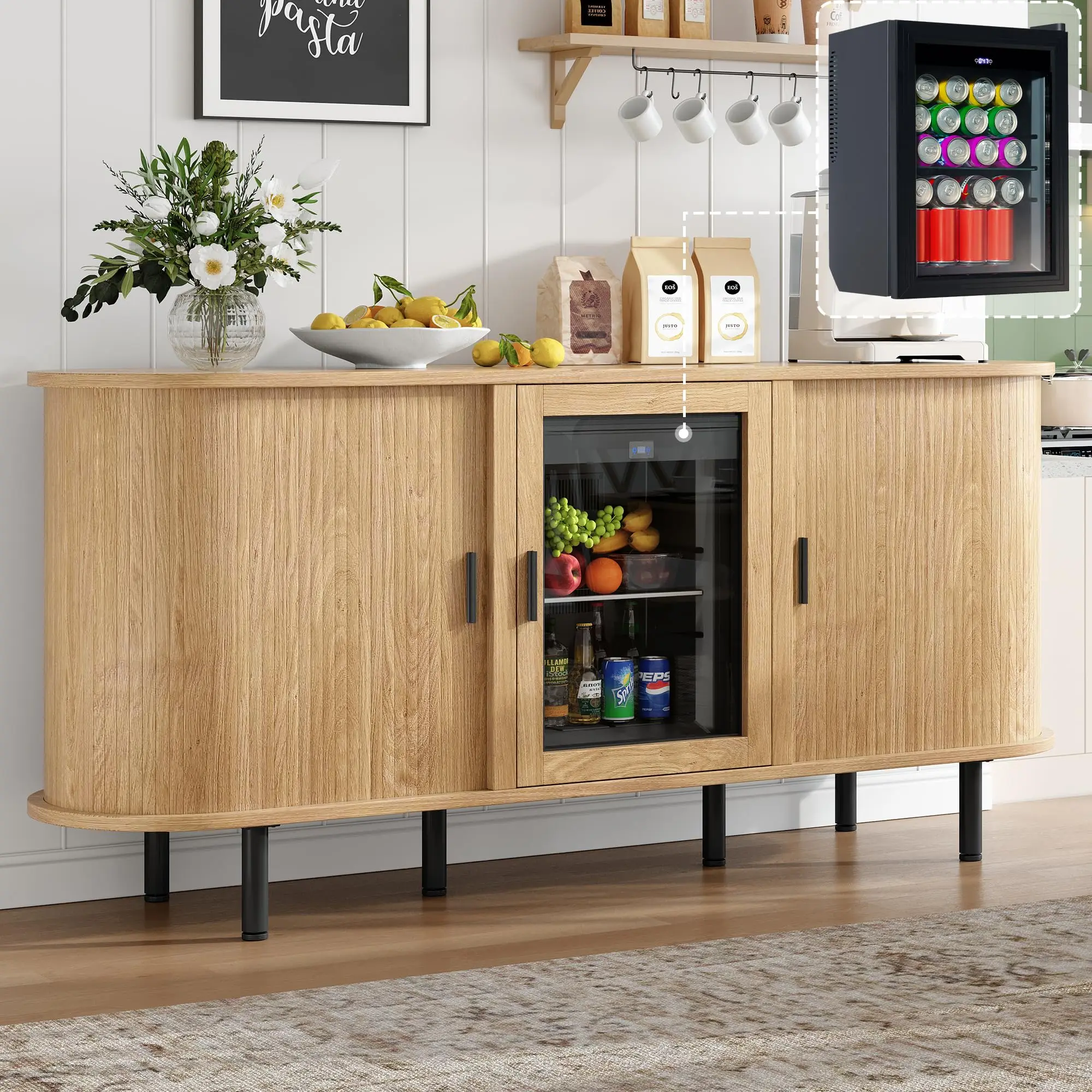 70" Coffee Bar Cabinet with Fridge, Mini Fridge Cabinet, Sideboard Cabinet