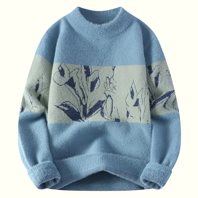 เสื้อสเวตเตอร์พิมพ์ลายหญ้าและไม้เสื้อสเวตเตอร์ฮิปฮอปคอเต่าครึ่งท่อนของผู้ชายเสื้อสวมหัวกันหนาวสำหรับฤดูหนาว2023