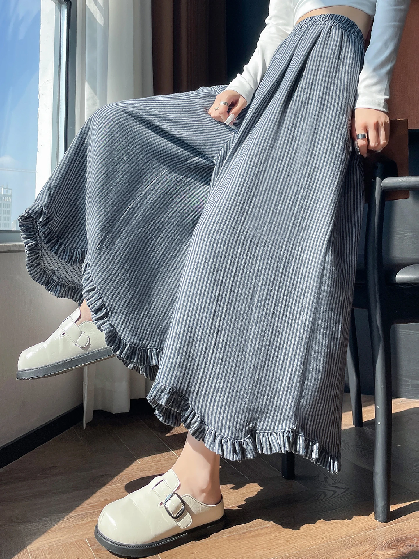 

Women's High Waist Wide Leg Pants Spring Autumn Korean Sle Striped Drapey Lazy Earlet Lace Trim Casual Skirted Trousers