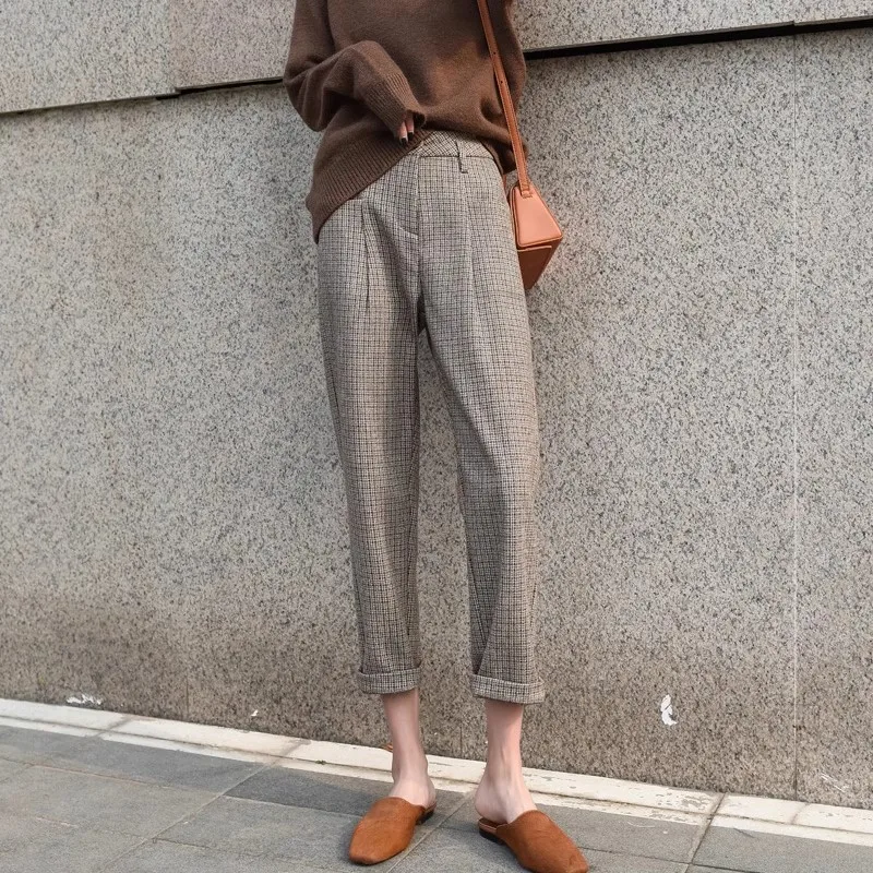 فحص السراويل الصوفية الحريم للنساء عارضة منقوشة طول الكاحل السراويل الخريف والشتاء،