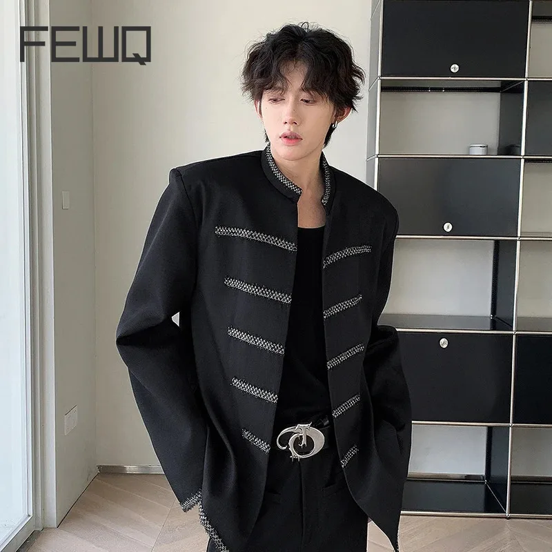 FEWQ Shoulder Padded Stand Up Collar Suit Jacket Men's Shoulder Padded 2024 Long Sleeve Male Tops Darkwear Fashion 24E2097