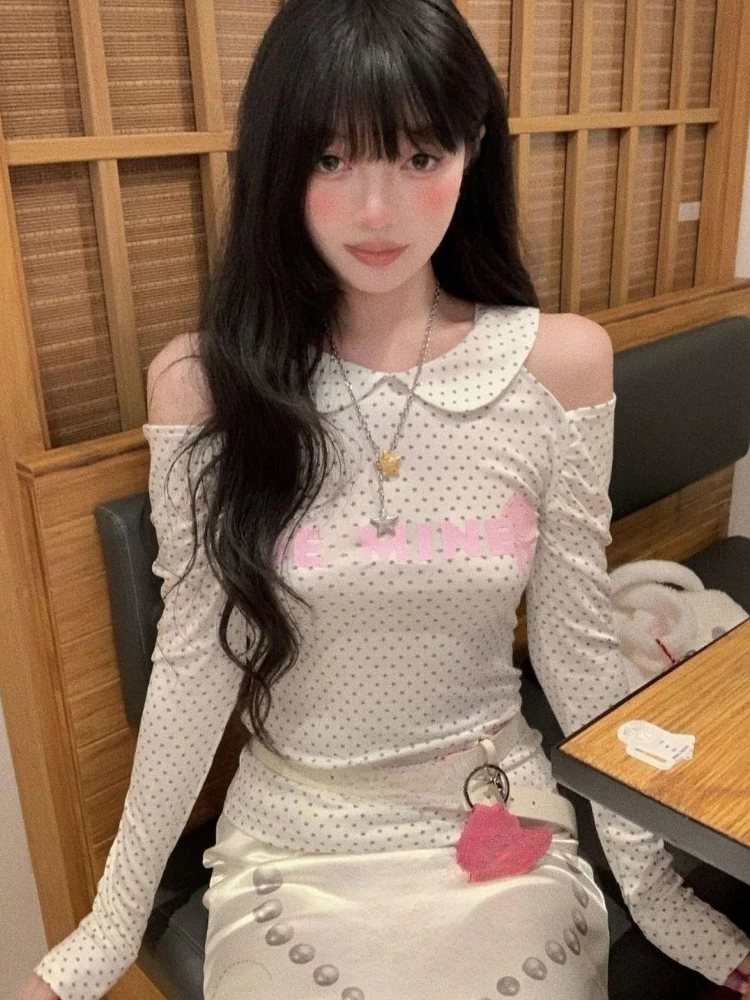 

Y2k Эстетический воротник с открытыми плечами Сексуальная футболка Harajuku с буквенным принтом Slim Fit Топы Уличная одежда Весенние футболки в стиле гранж