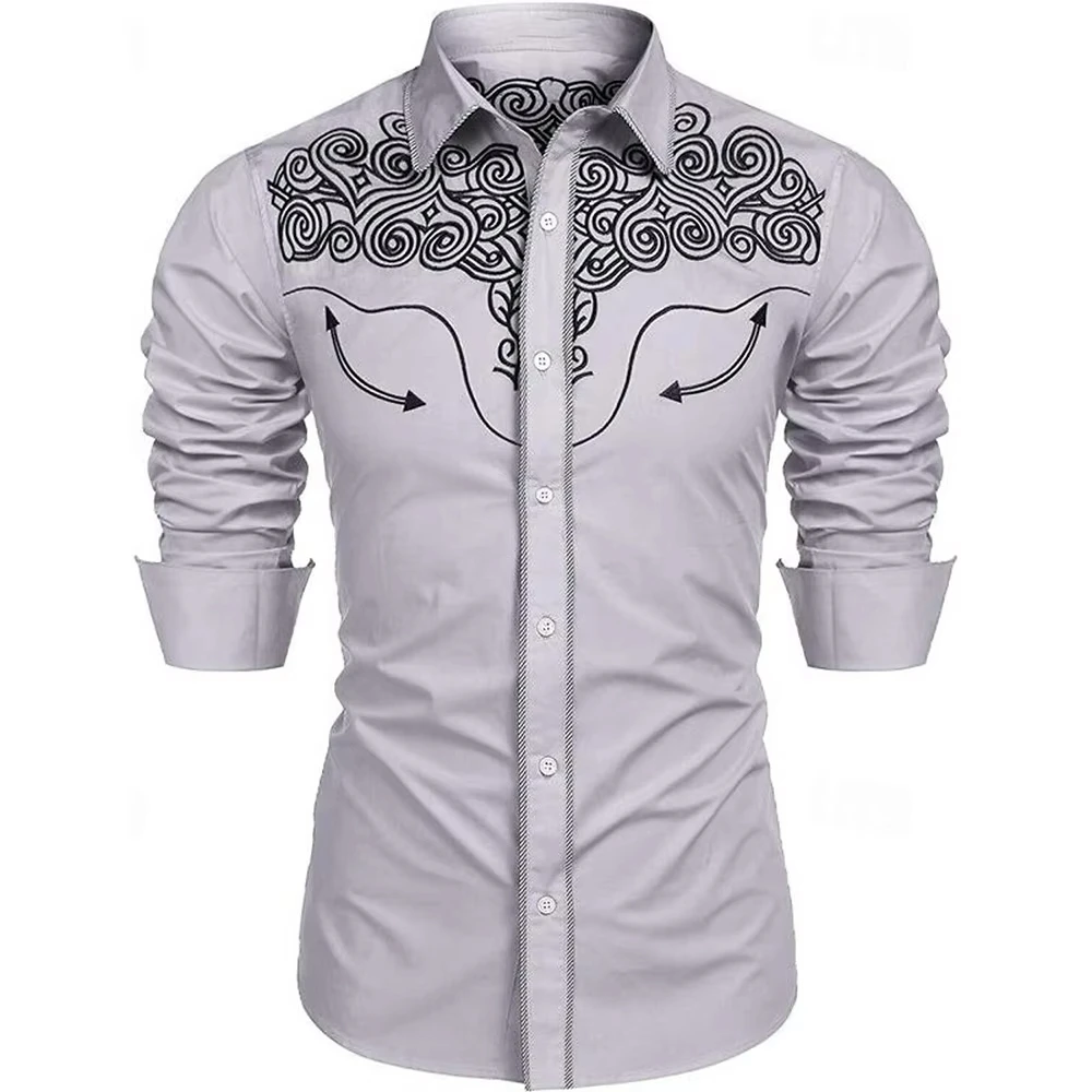 New Retro Men's Lapel Shirt Men's Exquisite Ethnic Print Slim Shirt New Fall Fashion Office Long-sleeved Blouse Elegant Shirt