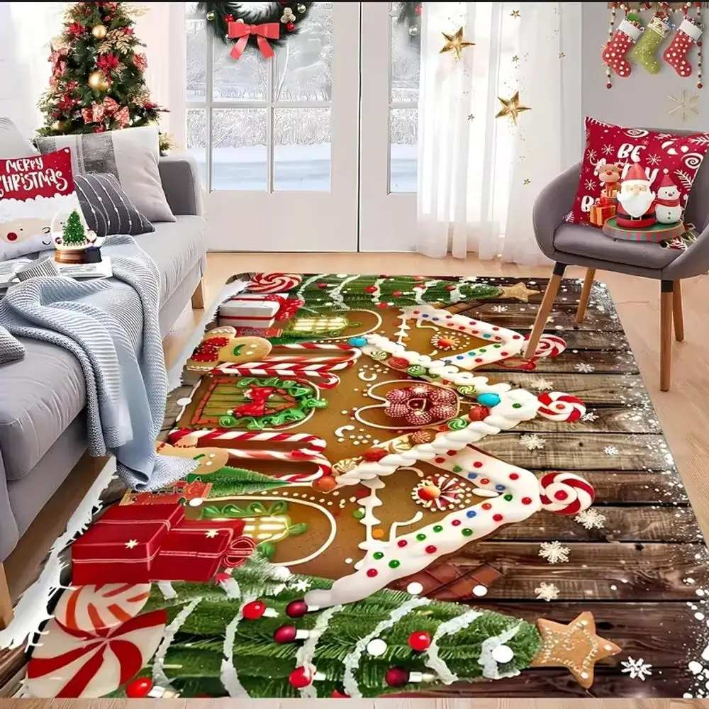 VIKAMA Living Room And Bedroom Decoration: Christmas House With Snow Carpet, Red Color With Gold And White Snowflake Floor Mat