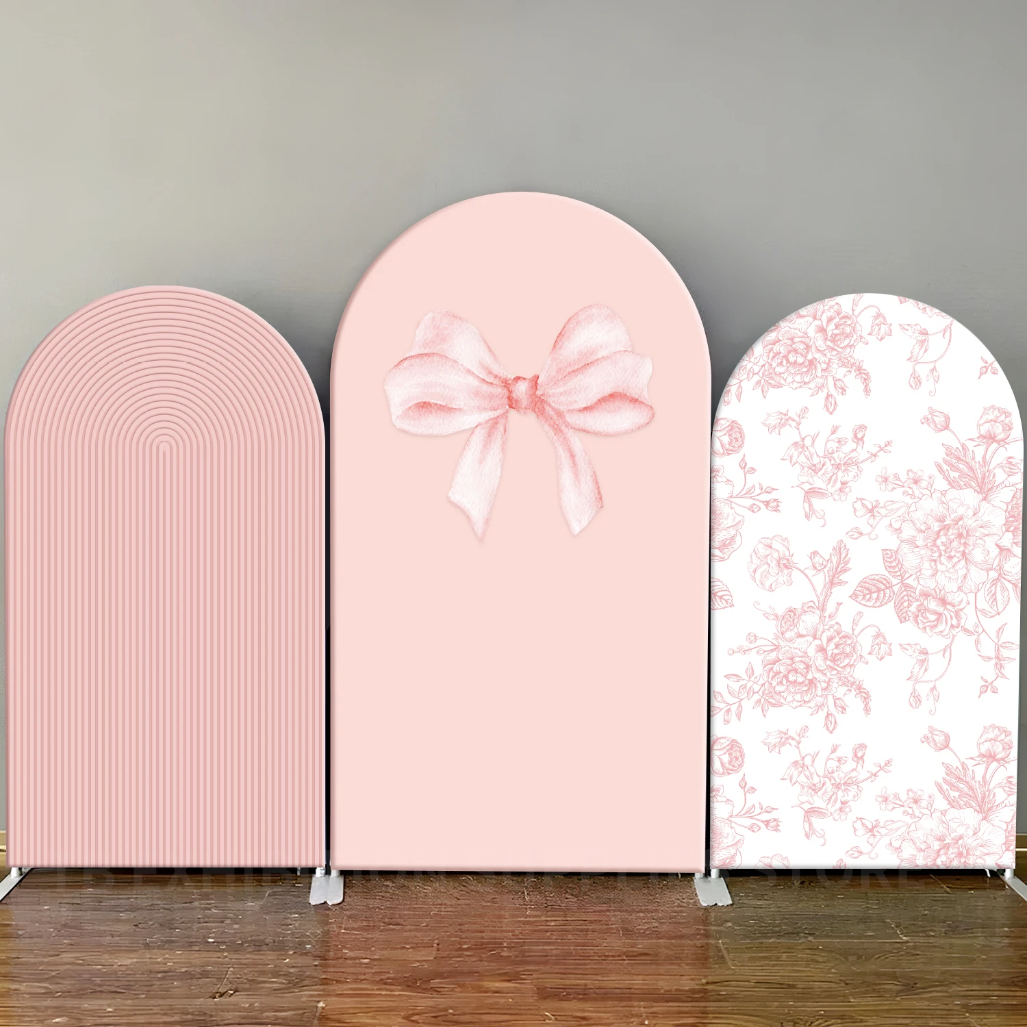 

Girl Birthday Arch Backdrop Cover Pink Bows Florals Pattern Photography Studio Arched Background Baby Shower Party Decorations