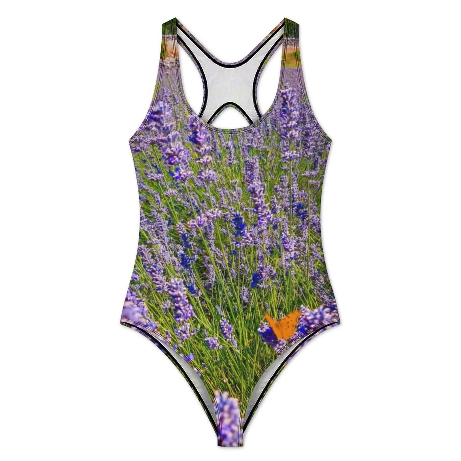 Lavender Field Swimsuit Sexy Purple Flower Print One Piece Swimwear Push Up Bodysuit Retro Holiday Rave Monokini