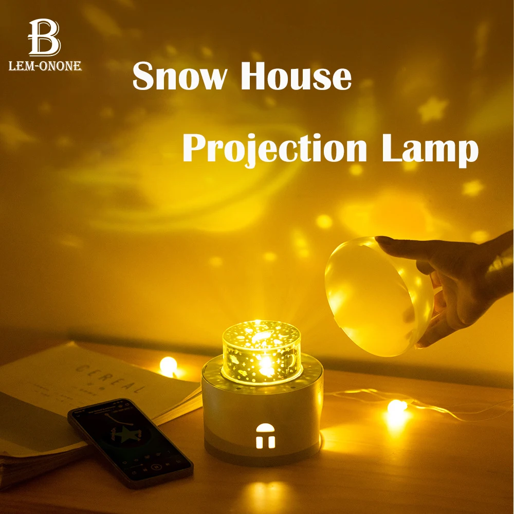 Snow House Projection Light with Music Rechargeable 3 Colors LED Nightlight 3 Patterns Ambience Lamp Holiday Gift for Children