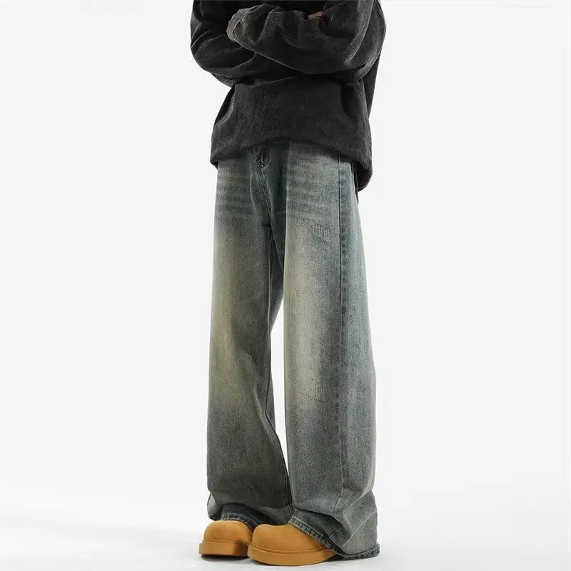 

Джинсовые брюки с американской талией в стиле ретро, мужские зимние модные свободные прямые длинные брюки, тяжелые повседневные хлопковые полиэстеровые брюки