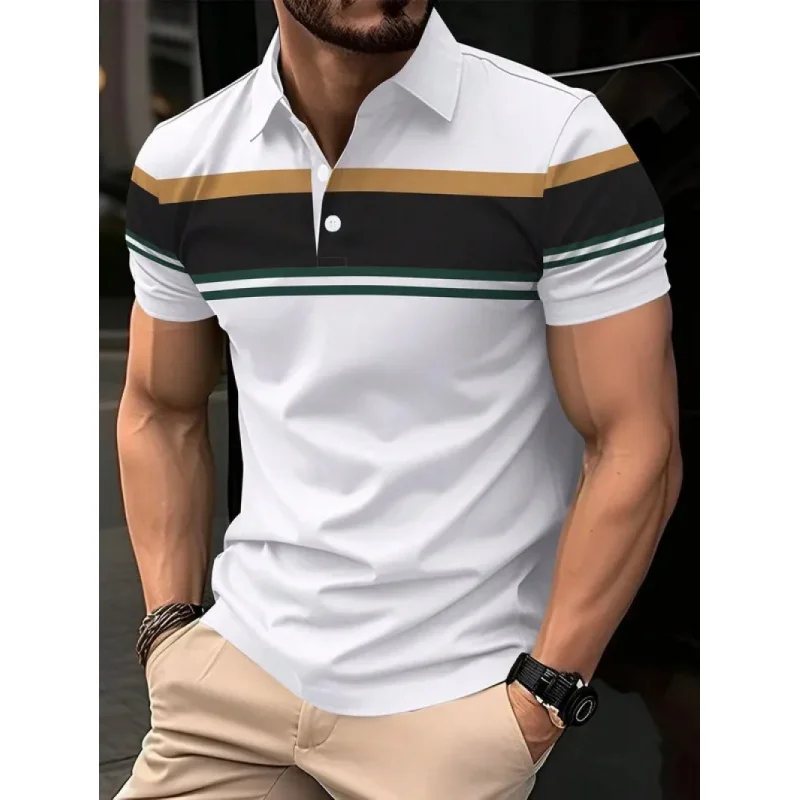 

Summer men's 3D polo shirt button collar short sleeve pullover casual sports solid color striped lapel trend men's T shirt tops